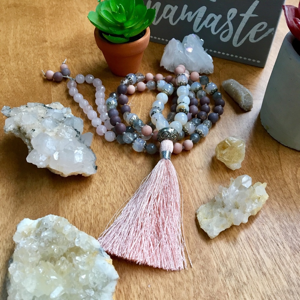 Handmade 108 Bead Tassel Mala Necklace, Crystals